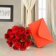 bunch of 10 red roses in a paper packing and a greeting card